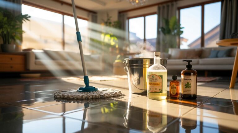 Illustration de la préparation et de l’application d’un mélange naturel au vinaigre, alcool et savon noir pour faire briller le sol comme un professionnel