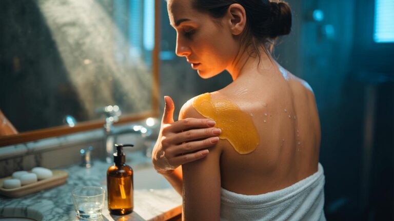 Illustration de l’application d’une huile sur peau sèche avant la douche pour adoucir la peau et réduire les boutons