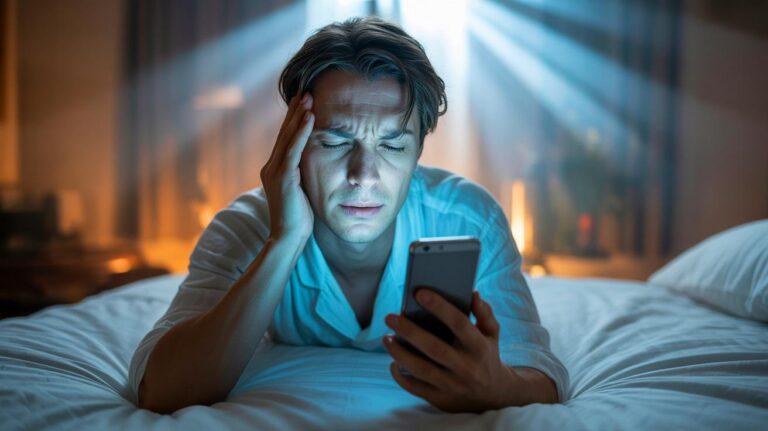 Illustration de [une personne au réveil, dans son lit, regardant son smartphone avec l’écran lumineux, la main sur la tempe, souffrant d’un mal de tête matinal]