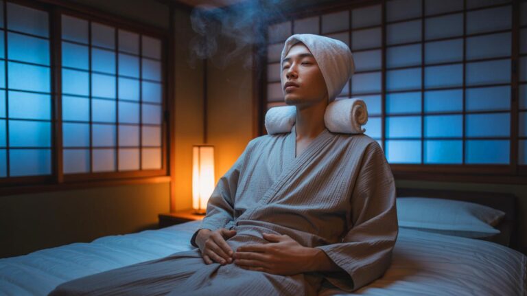 Illustration de l’astuce japonaise pour dormir plus profondément en moins de cinq minutes, combinant respiration du hara et serviette chaude sur les yeux et la nuque
