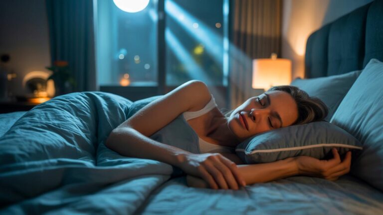 Illustration de la position de sommeil latérale gauche, avec alignement neutre et coussin entre les genoux, recommandée pour mieux dormir