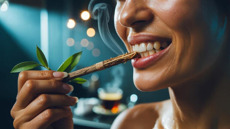 Illustration de l’utilisation d’un bâtonnet de miswak (Salvadora persica) pour blanchir naturellement les dents