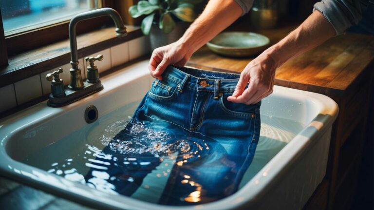 Illustration de rinçage à l’eau froide d’un jean pour prolonger sa durée de vie