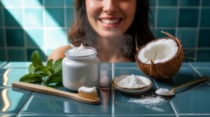 Illustration de la pâte dentifrice maison à base d’ingrédients doux qui blanchit les dents sans abîmer l’émail