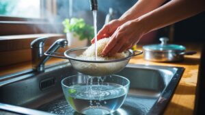 Illustration de [rinçage du riz avant cuisson pour réduire l’amidon et les contaminants, selon les nutritionnistes]