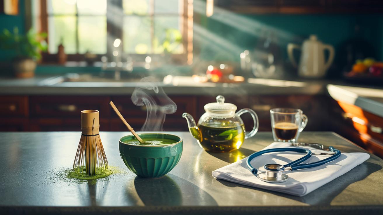 Illustration de la boisson matinale privilégiée par les médecins — le thé vert, notamment le matcha — en alternative au café